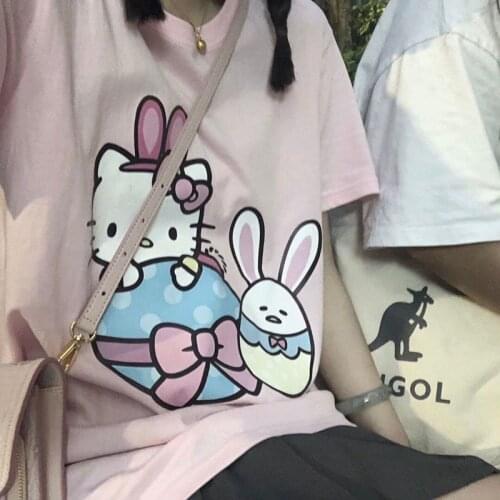 Sanrio Hello Kitty pink short-sleeved t-shirt female cotton print 2021 summer loose student top
