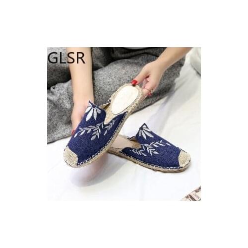 2021 hot selling true flat platform hemp rubber slipper casual floral Sapatilas Sapato womens canvas shoe flat sandal