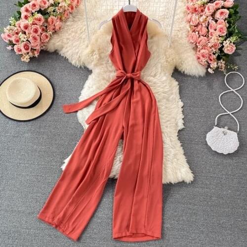 Summer Sexy Solid Romper Women Elegant V-Neck Sleeveless High Waist Jumpsuit With Belt Loose Wide Leg Playsuits Fashion 2021