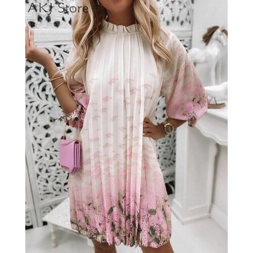 Women Elegant Round Neck Ruffles Pleated Print Midi Dress