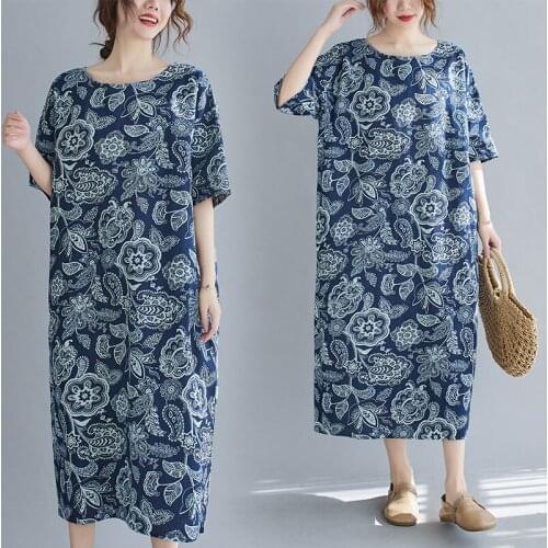 2021 New Arrival Short Sleeve Loose Summer Dress Print Floral Cotton Linen Vintage Dress Women Holiday Travel Casual Midi Dress
