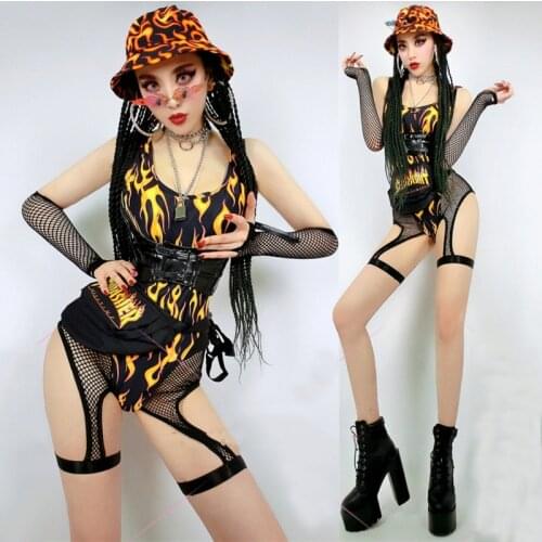 2021 Bar Pub Women Gogo Dancer Costume Ds Dj Rave Outfits Fire Print Jumpsuit Swimsuit Party Evening Show Stage Costume DNV14887