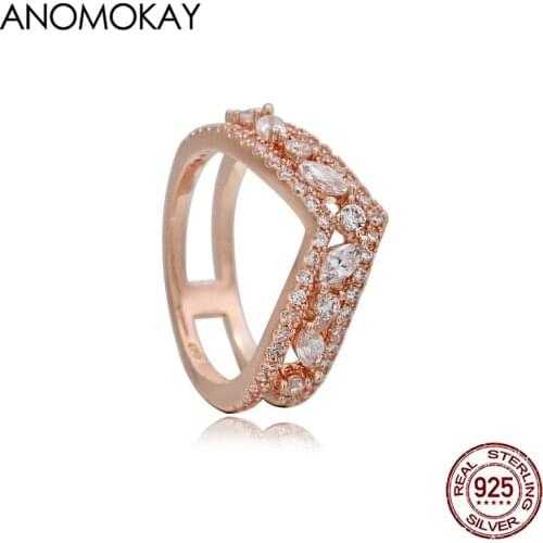 Anomokay Trendy Rose Gold Color Shinny Crystal Double Wishbone Ring Real Sterling 925 Silver Love Heart Rings Jewelry for Gift