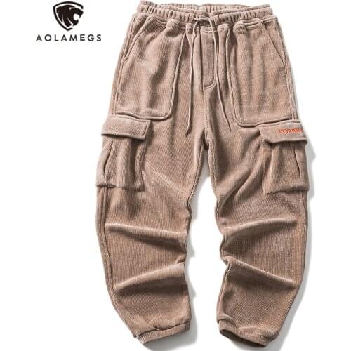 Aolamegs Cargo Pants Men Multi-Pocket Casual Sweatpants Solid High Street Harajuku Streetwear All-match Sports Vintage Trousers