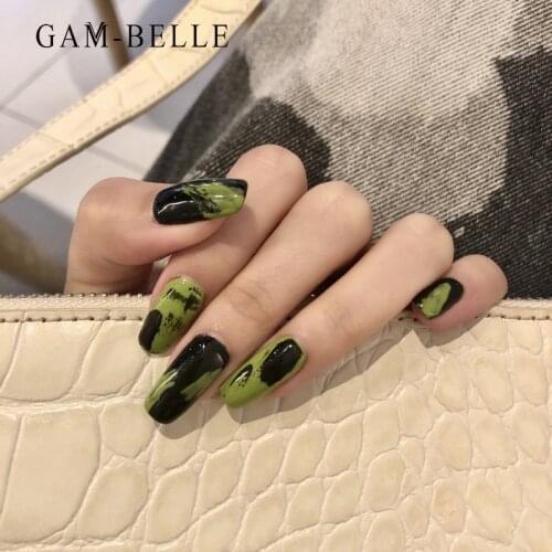 GAM-BELLE 24Pcs/Box False Nails Black Green Graffiti French Shimmer Artificial Nail Tips Press On Nail Manicure Tool With Glue