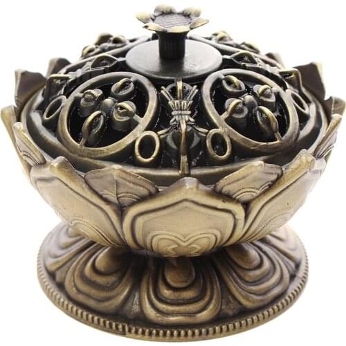 Lotus Incense Burner Metal Craft Hand-Carved Polished Classic Mini Sandalwood Censer Buddhist Incense Holder Home Ornament Decor