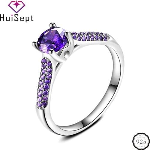 HuiSept Charm Rings for Women 925 Silver Jewelry Accessories Round Amethyst Zircon Gemstone Trendy Ring Wedding Engagement Party