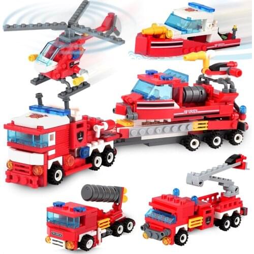 348+pcs Fire Fighting Blocks 4in1 Trucks Car Helicopter Boat Building Blocks City Firefighter Figures Toys For Children Gift