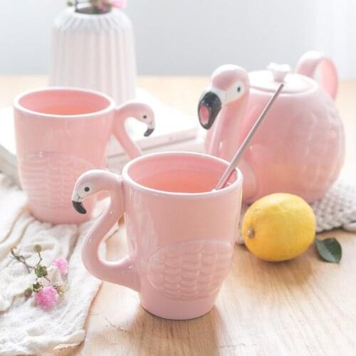 Beautiful ins girl cherry pollen 3D ceramic flamingo teapot mug creative ceramic flamingo hand mug cup milk coffee tea cup