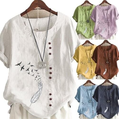 Summer Casual Feather Print Loose T-shirts Vintage Cotton and Linen O-Neck Plus Size Short Sleeve Blouse Tops For Women S-5XL