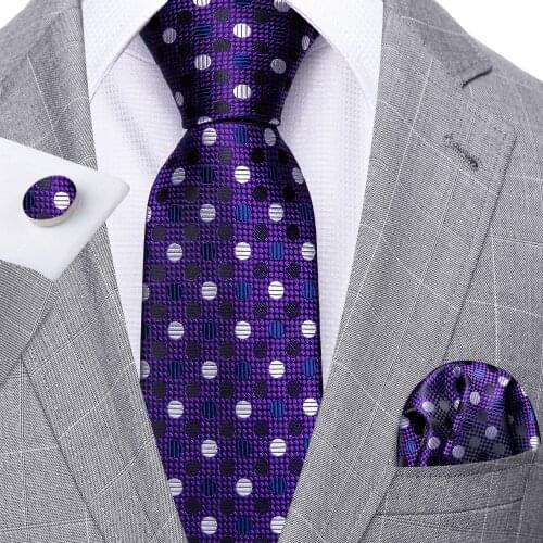 Fashion Purple Dot Men Tie Set 8.5cm Silk Jacquard Neckties Wedding Business Handkerchief Cufflink Tie Set Barry.Wang FA-5289