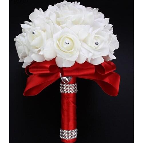 Fashion Bridal Bouquet Braidmaid Wedding Foam Flowers Rose Bouquet Ribbon Crystal Wedding Bouquet Wedding Accessories Decoration