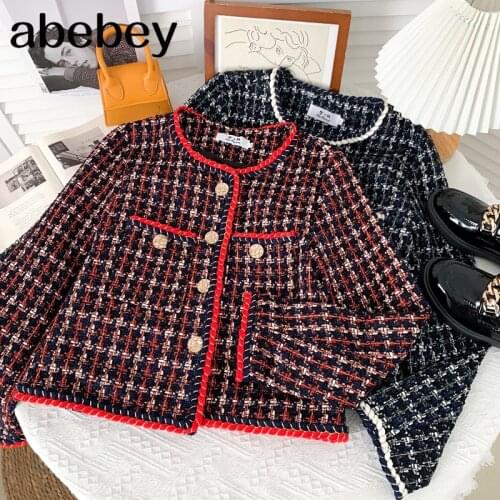 Fashion O-neck long sleeve Cardigan double pocket single breasted loose short tweed plaid Jacket Top 2021 New Spring Autumn