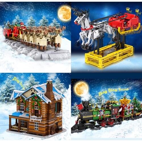 Mould King Christmas series lighting Christmas House and sled reindeer and sleigh small particle childrens building block toys