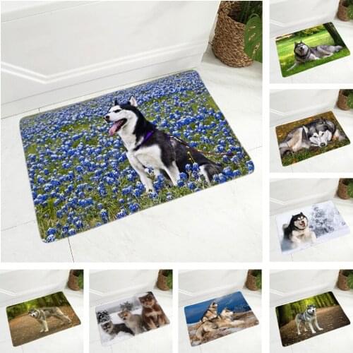 Soft Flannel Carpet Pet Dog Animal Door Mat Non-Slip Doormat Floor Mat for Bedroom Hallway Decor Siberian Husky Dog Rug 40x60cm