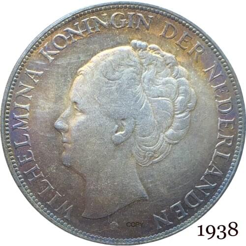 Netherlands 1938 2½ Gulden Wilhelmina I WILHELMINA KONINGIN NEDERLANDEN Cupronickel Silver Plated Copy Coin With Letter Edge