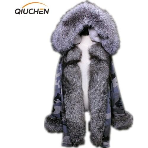 QIUCHEN PJ6003 new long Camouflage gray winter jacket women outwear thick parkas natural real fox fur collar coat hooded pelicc