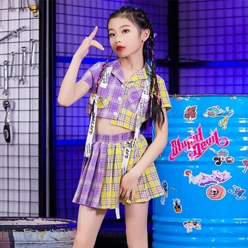 New Girls Hip Hop Dance Costumes Jazz Clothes Kids Fashion Plaid Short-Sleeved Top Skirt Cheerleading Performance Set DNV13214