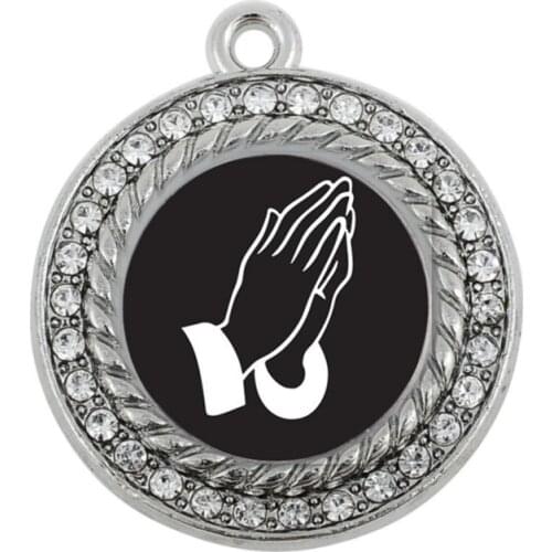 PRAYING HANDS SQUARE CIRCLE CHARM antique silver plated jewelry