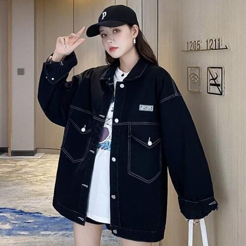 Autumn Denim Jacket Women Loose Casual Cargo Jeans Jacket Solid Black Coats Korean Street Wear Fashion Student Outwear New 2021