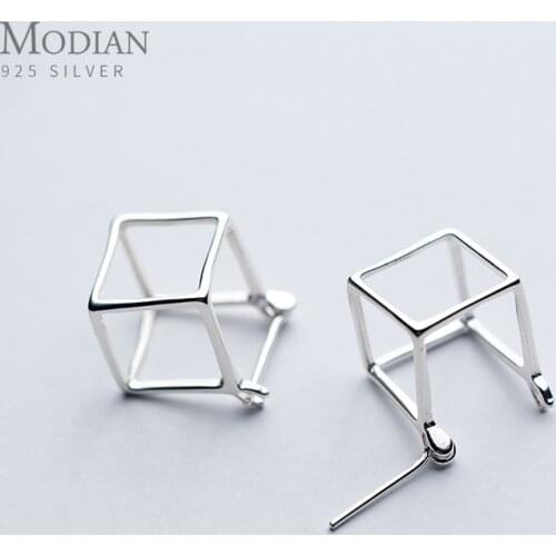 Modian New Design Geometric 3D Square Cube Stud Earrings for Women Authentic 925 Sterling Silver Stylish Minimalism Jewelry Gift