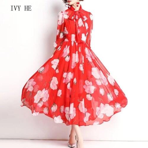 IVY HE High Quality Early Autumn Dress Woman Clothing Bright red Chiffon Flower Midi Long Dress ZAfu Traf Party Vintage Dresses