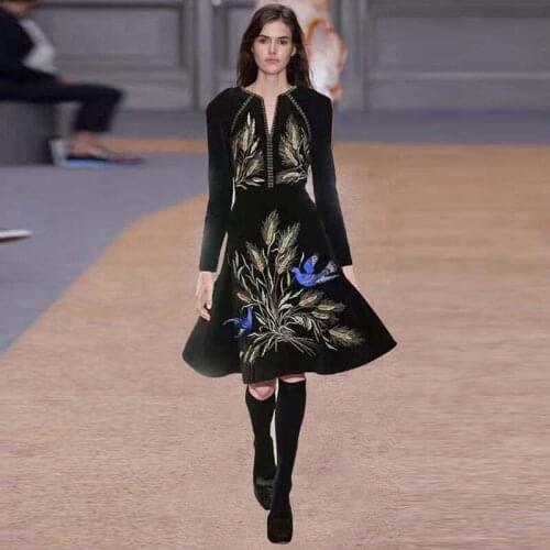 2021 Dress Women Runway Office Work Knee Length Wheat Bird Embroidery Elegant A-Line Lady Plus Size High Waist Black Dresses Y2K