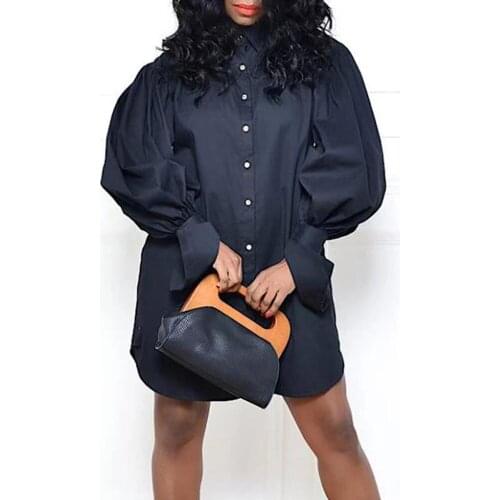 5XL Loose Ruffles Retro Lantern Sleeve Office Lady Solid Color Plus Size Casual Shirt Dress For Women