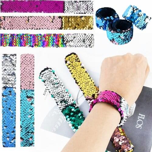 5pcs Magic Paillette Slap Bracelets Mermaid Two-Color Sequin Patted Bracelets Wristband Kids Birthday Party Favors Gift Supplies