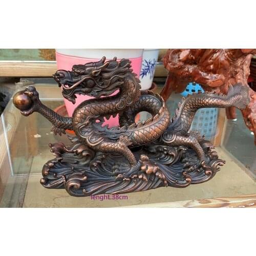 Free Shippng Lenght 38 CM Chinese royal emperor dragon wishful ingot 5-claw sea dragon king bronze statue