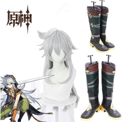 Genshin Impact Razor Cosplay Costumes Boots Halloween Leather Shoes Mondstadt Razor Gray Long Heat Resistant Synthetic Hair+cap