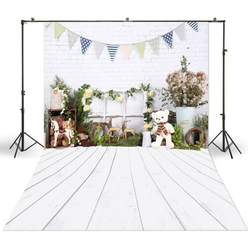 White Brick Wall Background Grainy Floor Backdrop Teddy Bunting Flowers Newborn Baby Portrait Photo Studio Booth Spring Banner