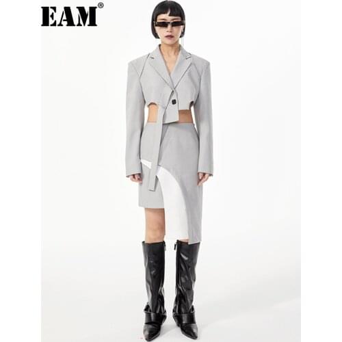 [EAM] High Waist Gray Black Irregular Spliced Casual Half-body Skirt Women Fashion Tide New Spring Autumn 2021 1DE2559
