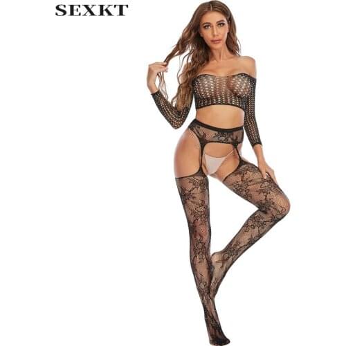 Erotic clothes Sex clothes Ladies Rhinestone Long Sleeve Split Top OpenPantyhoseDiamond Shiny Sexy Lingerie Fishnet Clothes Suit