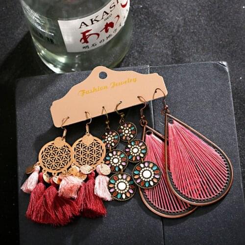 Ethnic Pink Water Drop Earrings 2020 Summer Bohemia Tassel Long Fringe Earrings Set For Women Statement Jewelry Gifts