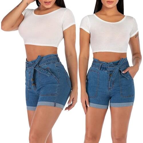 European and American womens summer fashion all-match stretch slim solid color high waist mom denim shorts