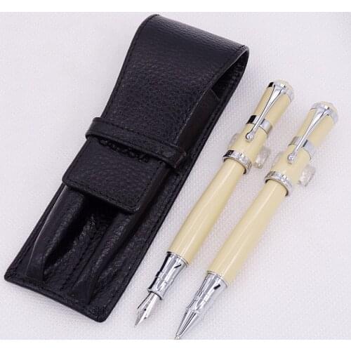 Fuliwen 2051 Cream Metal Fountain Pen & Roller Pen with Real Leather Pencil Case Bag Washed Cowhide Pen Case Holder Writing Set