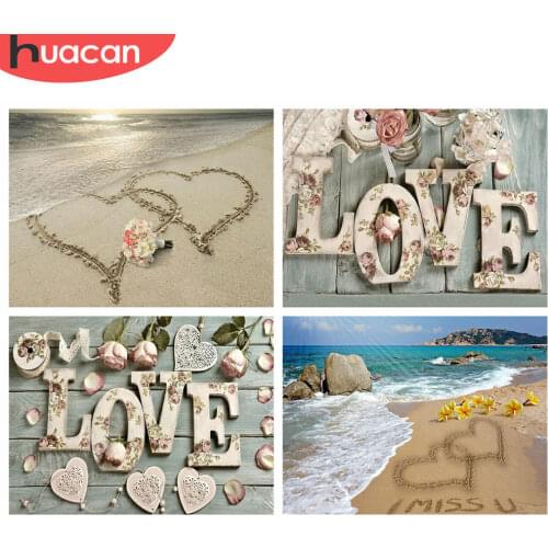 HUACAN 5d Diamond Painting Seaside Landscape DIY Diamond Embroidery LOVE Text Mosaic Rhinestones Pictures Craft Kit