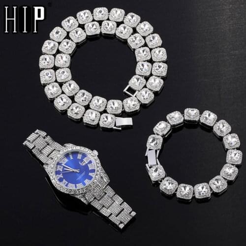 Hip Hop 12MM 3PCS KIT Watch+Necklace+Bracelet Bling Crystal AAA+ Iced Out Cuban Rhinestones Chains For Women Men Jewelry