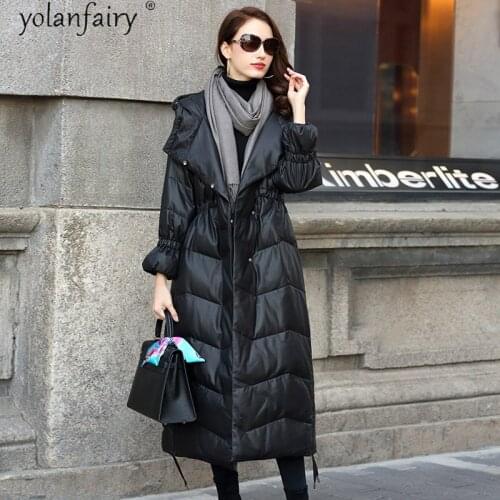 2020 Womens Leather Jacket Winter Real Sheepskin Coat Female Long White Duck Down Jackets Women Hooded Parkas Cuero Genuino