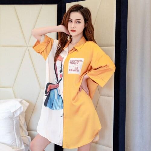 Summer Homedress Womens Satin Chiffon Nightgown Printing Sleepwear Half Sleeve Shirt Nightdress Sleepshirts Sexy Home Clothing