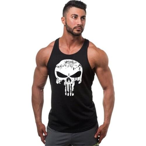 New Fashion Mens Gym Tank Top Fitness Vest Cotton Skull Printed Bodybuilding Stringer Tanktop Sleeveless Shirts Mens Clothing