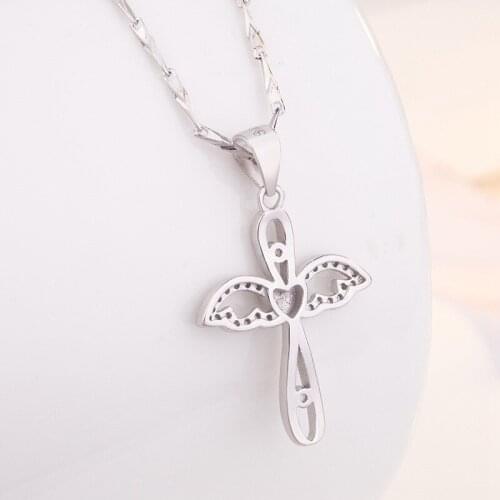 Fashion Angel Wings Cross Necklace Love Heart Silver Color Pendant Chain Women Jewellery Gift