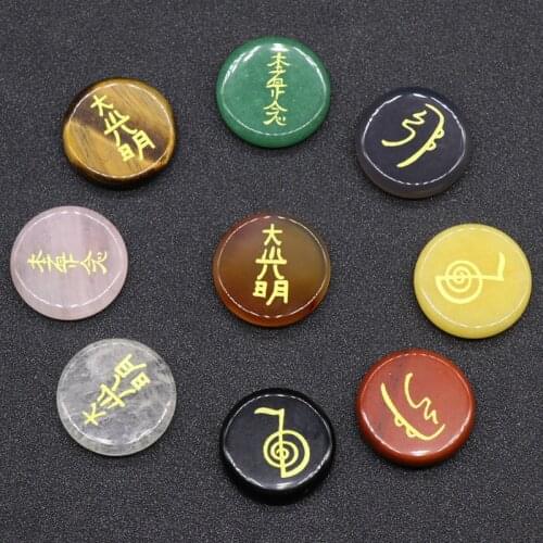 25mm Fashion Natural amethyst purple Stone Engraved Usui Reiki Balancing Symbols Chakra Healing Palm Crystal Agates Lapis Lazuli