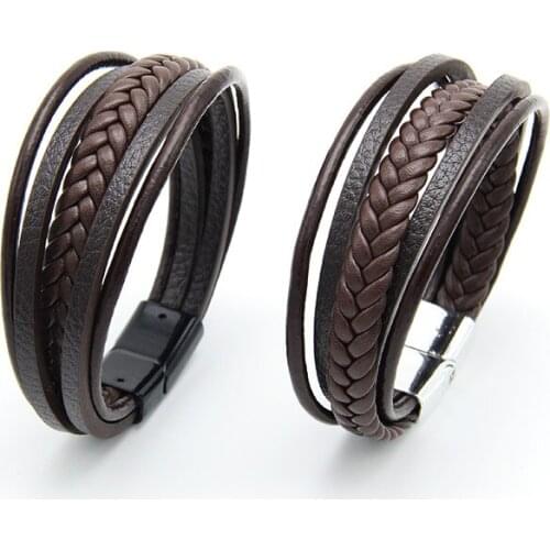 Punk Design Vintage Mens Bracelet Black Alloy Rudder Brown Woven leather Steel Magnetic Button Bracelets for Men Jewelry