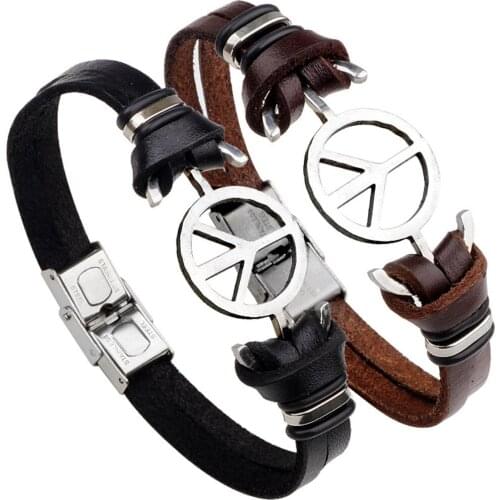 Newest Peace Stainless Steel New Design Vintage Fashion Cuff Bangle Retro Leather Bracelets Women Men Jewelry Accessories