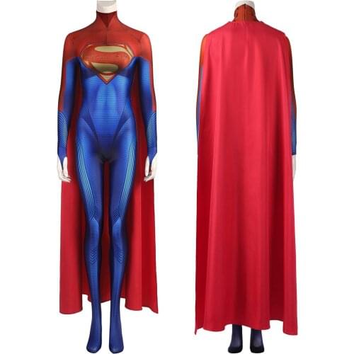 New Movie Super Girl Jumpsuit Cosplay Costume Fancy Halloween Masquerade Party Bodysuit With Red Cloak