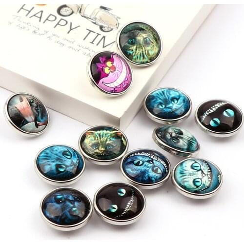 New Fashion 12pcs High Quality 18mm Cheshire cat Glass Metal Snap buttons DIY Snap Charms Jewelry Bracelet&Bangle