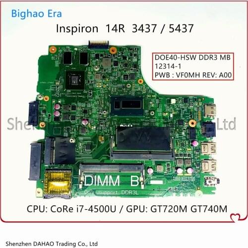 CN-0PFWVF 0PFWVF For DELL Inspiron 14R 3437 5437 Laptop Motherboard VF0MH 12314-1 Mainboard With i7-4500U GT720M 100% Fully Test
