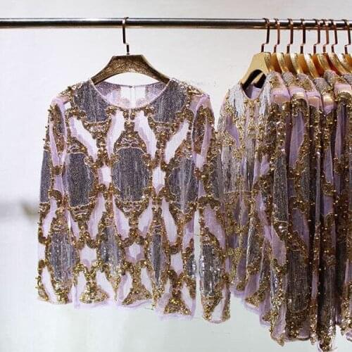 Autumn 5 Colors New Fashion Vintage Sequined Bead Mesh O-neck Long Sleeve Casual Daily Wear T Shirt Women 1363